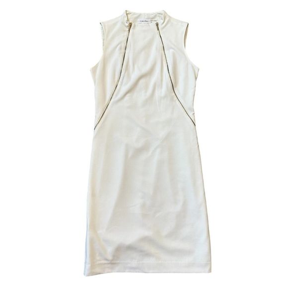 Calvin Klein Cream Zipper Detail Sleeveless Sheath Dress Size 6 - Picture 10 of 16